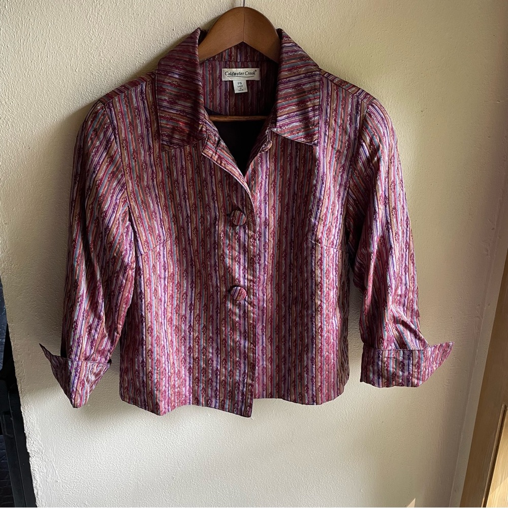 Coldwater Creek Swing Jacket. Multicolor Striped Satin w/ Paisley Pattern. SP